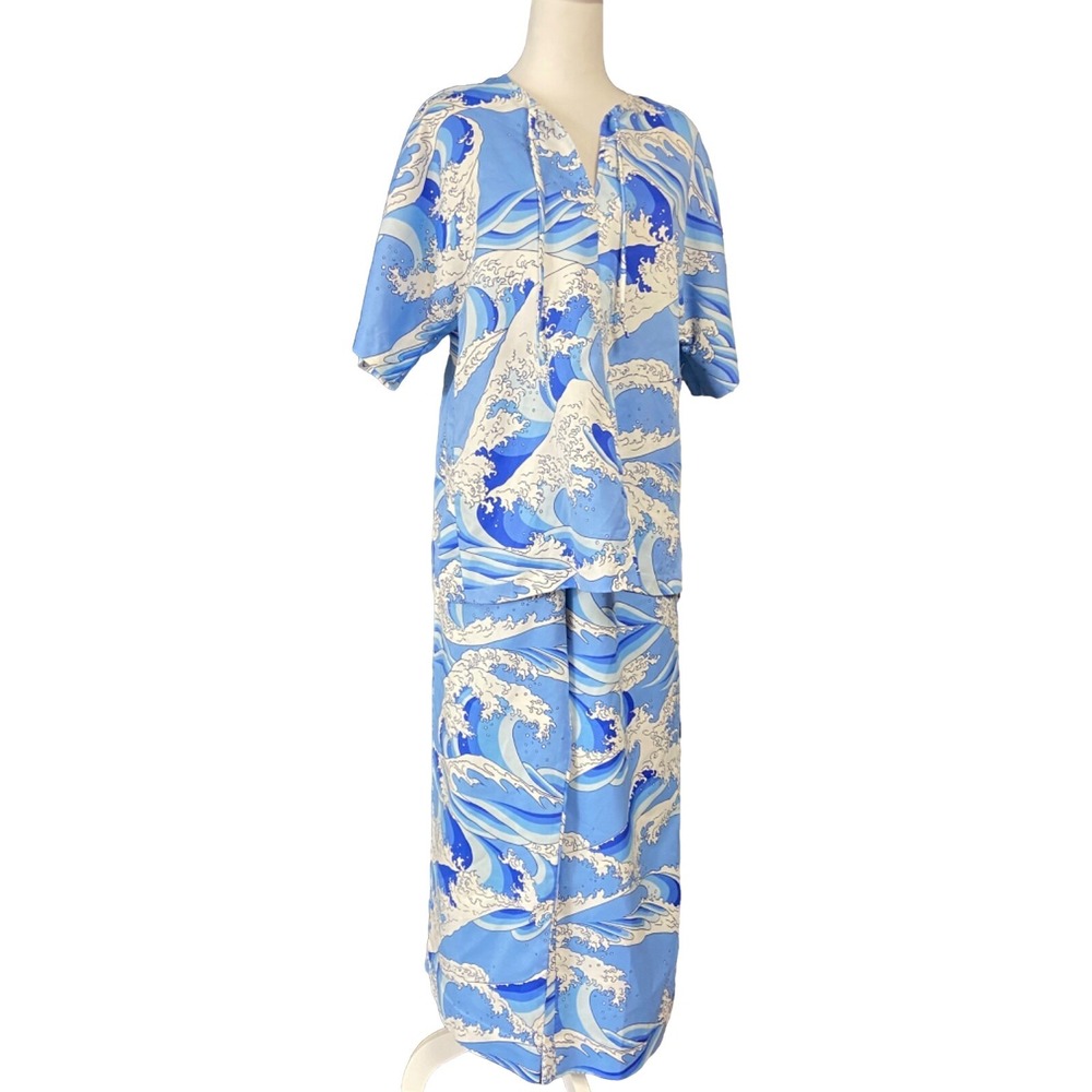 Vintage Sears Hawaiian Fashions Shirt Pants Set Womens L Blue Wave Print 2 Piece